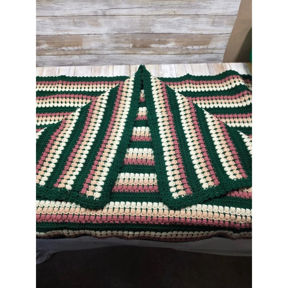 Vintage Handmade Crochet Afghan Blanket Green Pink Cream‎ Bobble Stitch Striped